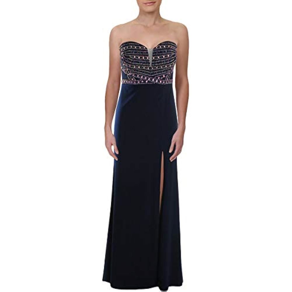 MSRP $139 Crystal Doll Womens Juniors Tube Beaded Formal Dress Navy Size 3